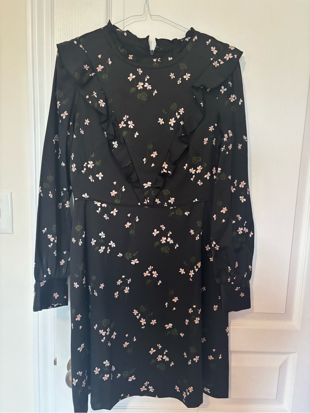 Ann Taylor Dark Navy Floral Long-Sleeve Ruffle Dress